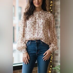 Frame $250 Voluminous Blouson-Sleeve Floral Blouse.Worn on TV.Silk blend. Size S